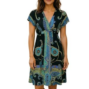 SNAP Black Tie Boho Dress With Blue and Green Paisley Print Womens Size Medium